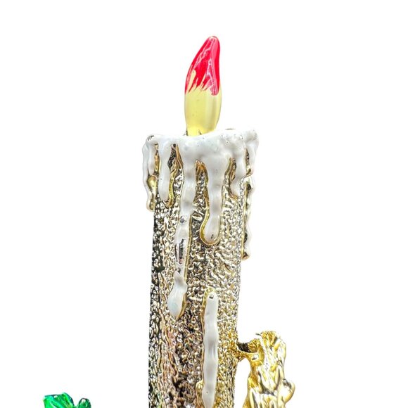 Vintage Gold Tone Candle Holly Christmas Brooch Holiday Jewelry Accessory - Picture 5 of 9